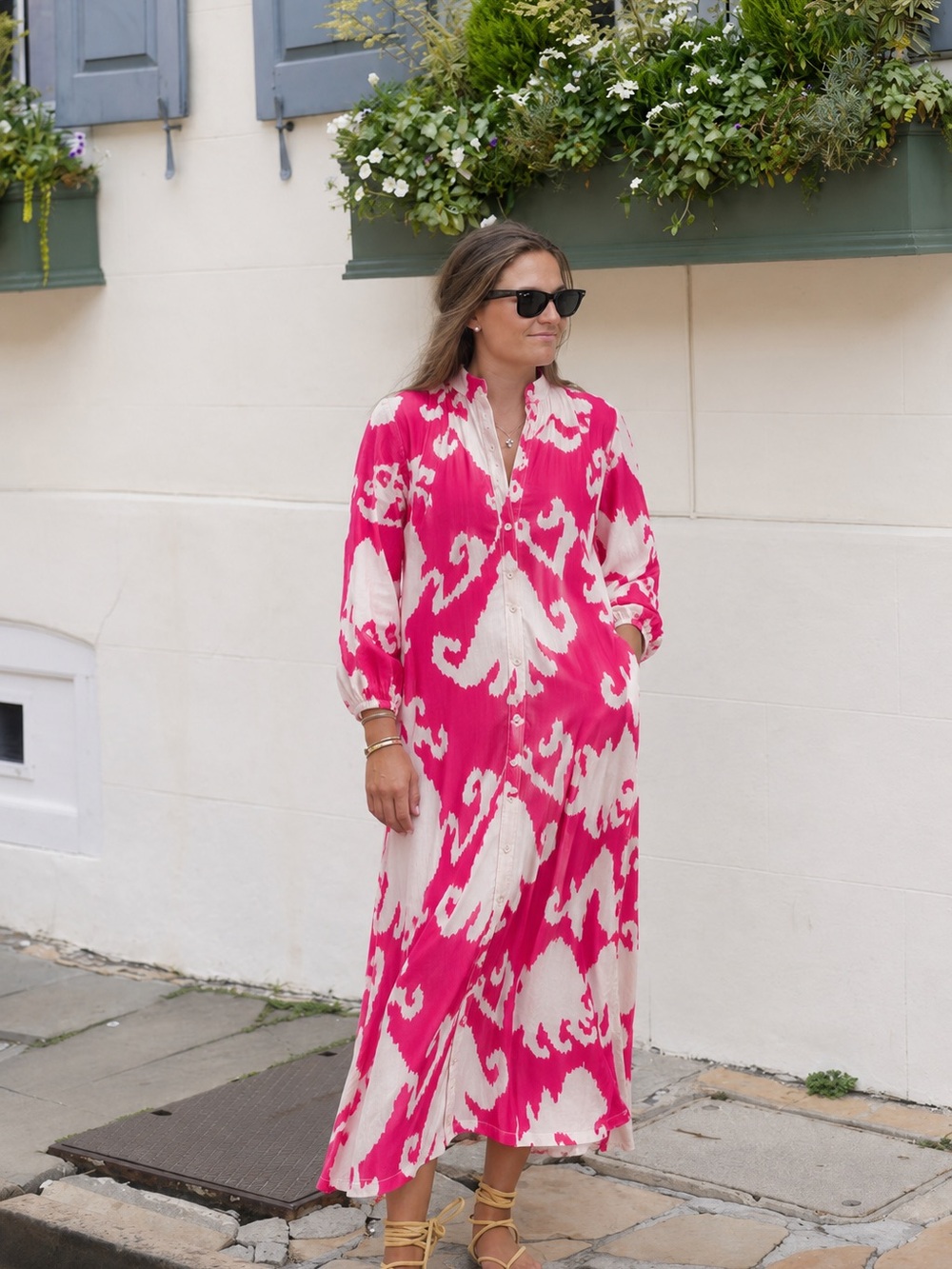 Madison Mathews Pink & White Printed Button Front Maxi Dress Size Small